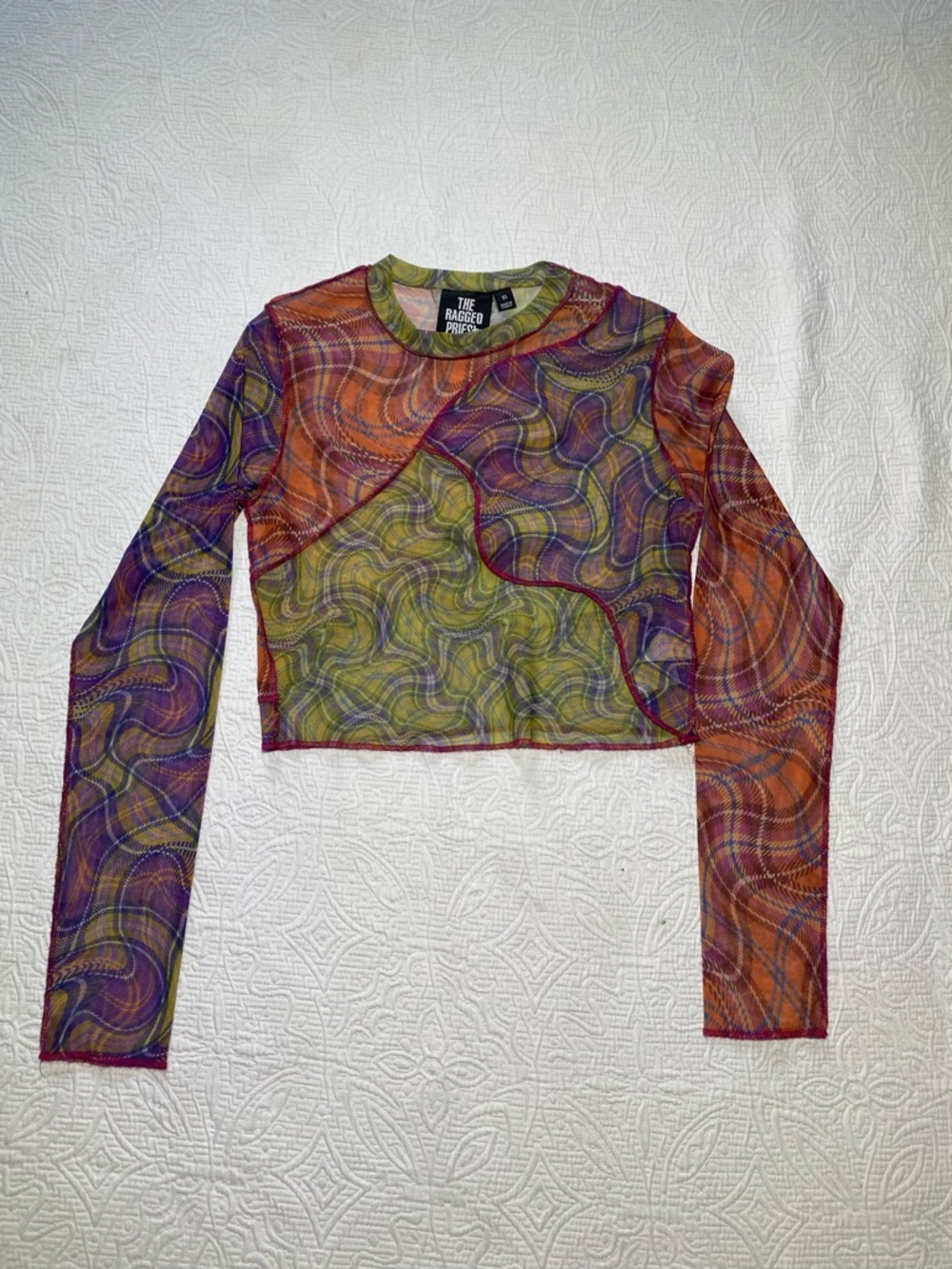 The Ragged Priest Purple Orange Olive Swirl Mesh Long Sleeve Crop Top